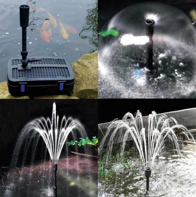 All in One Pond Pump TripleAction 6000 showing different fountain spray effects