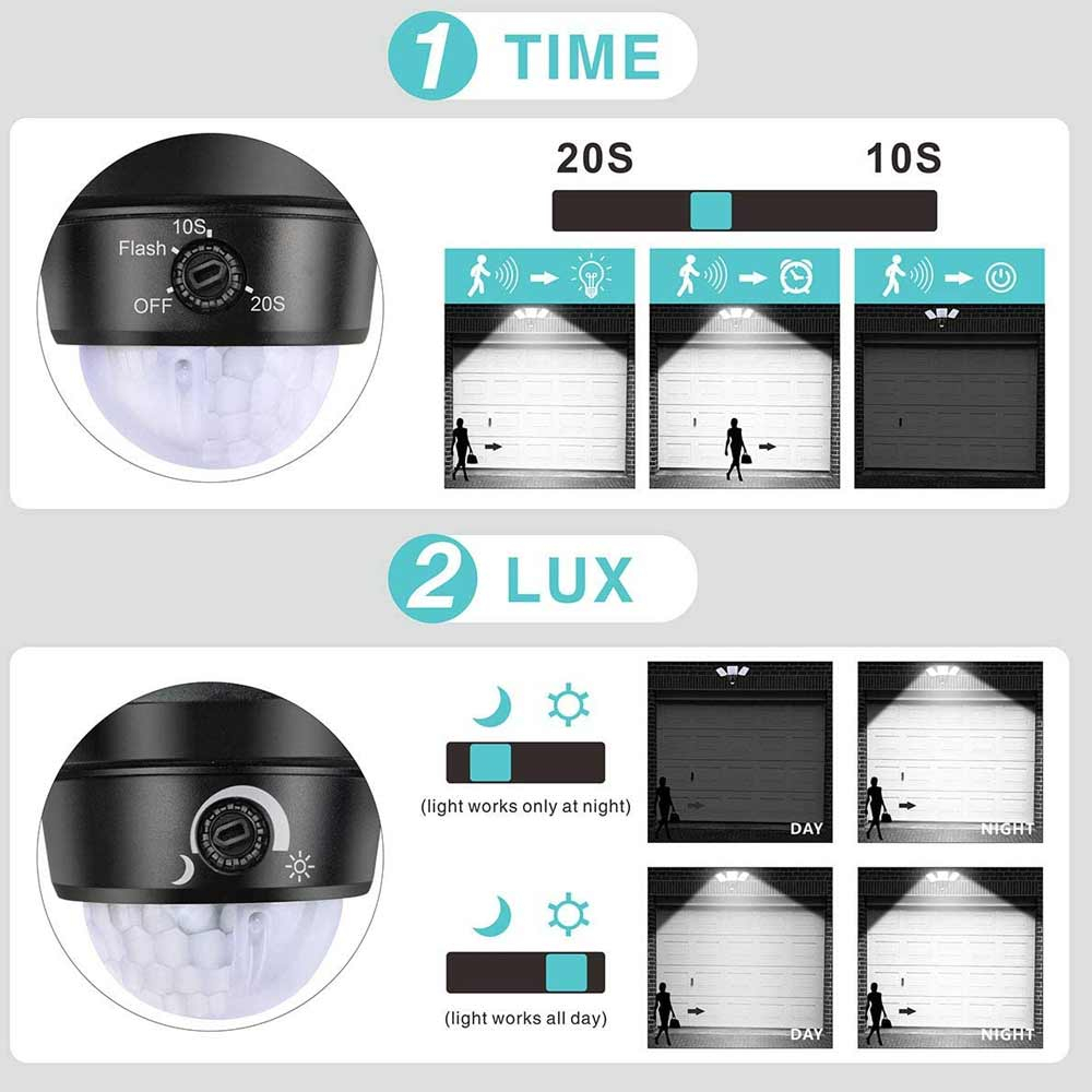 Battery Operated Sensor Lights showing time and lux settings