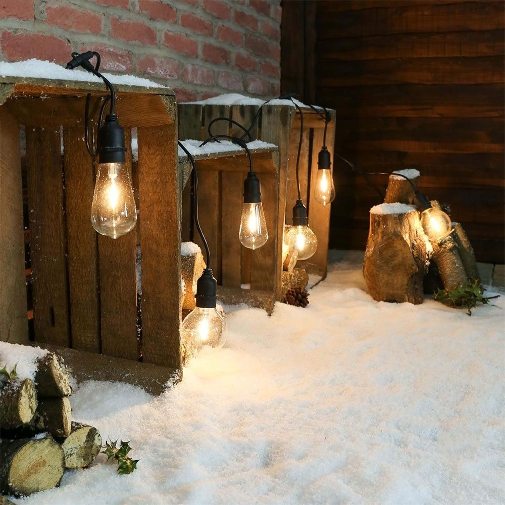 Bistro Festoon Lights with Filament Bulbs outdoors in snow
