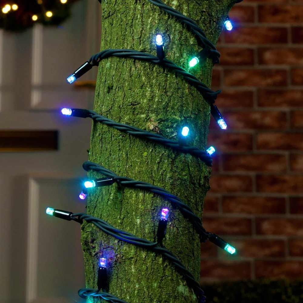 Colour Changing Outside Fairy Lights on tree outdoors