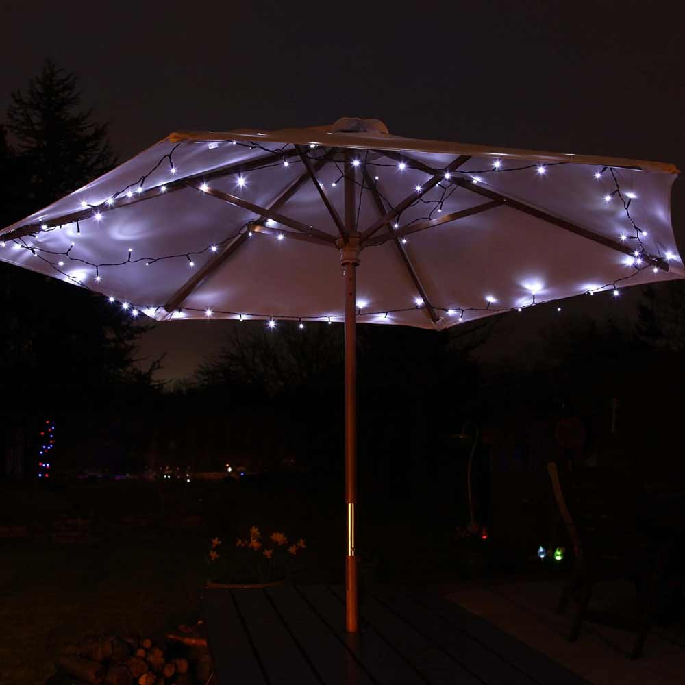 ConnectGo Connectable Solar Fairy Lights in white on graden umbrella