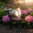 Mega stainless steel solar spotlight spiked into soil among pink hydrangeas at dusk