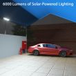 40W Premium Solar Floodlight with ALS Technology – 6000 Lumens showing the lights being used on a modern building with the remote control 