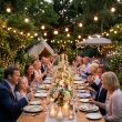 Festoon Lights With Warm White Bulbs Over A Long Garden Dinner Party Table With Candles And Flowers At Night