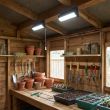 Solar Powered LED Shed Light Kit Installed Inside A Wooden Garden Shed Illuminating Tools And Plant Pots With Pull Cord