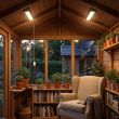 Solar Powered LED Shed Light Kit Installed Inside A Wooden Garden Shed Illuminating Tools And Plant Pots With Pull Cord