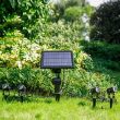 High Lumen 4‑Head Solar Garden Spotlight showing the dimensions of the panel and light heads including the lead cable 
