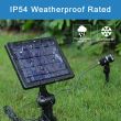 High Lumen 4‑Head Solar Garden Spotlight showing the dimensions of the panel and light heads including the lead cable 