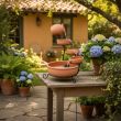Terracotta Cascade Solar Water Feature - four-tier terracotta bowls on black metal stand shown against white background