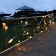 Outdoor Festoon Lights Clear Bulbs Black Cable in garden with flag bunting