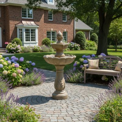 Kingsbury Three-Tier Solar Garden Fountain – Hybrid Solar Panel – Lifestyle