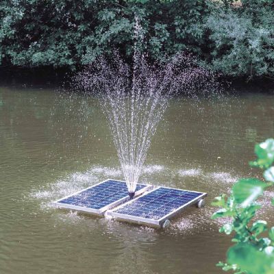 160W Solar Floating Fountain Pump (5000 LPH) showing the pump in a large pond spraying water 
