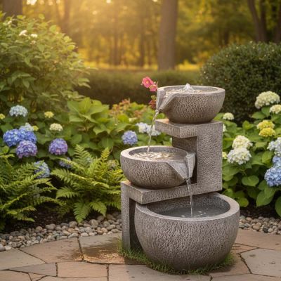 Genoa Cascade Solar Water Feature – Aged Stone Garden Fountain – Lifestyle 1