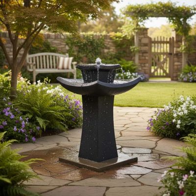 Pagoda Solar Water Feature – two-tier Japanese cascade with aged stone finish and birdbath bowl in garden