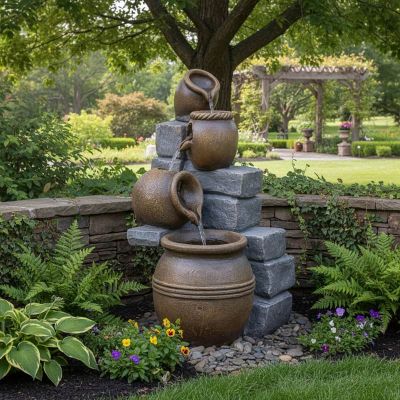 Pot Falls Solar Cascade – three rustic pots with stepped waterfall in garden setting
