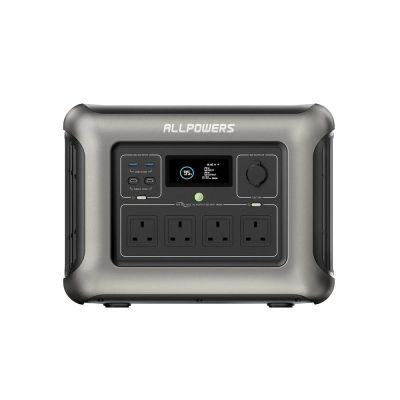 ALLPOWERS R1500 Portable Power Station 1152Wh — front view showing 4 UK AC outlets, USB-C, USB-A ports and LCD display