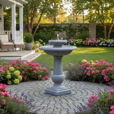 Chatsworth Two-Tier Solar Garden Fountain – Concrete-Effect Design – Lifestyle 1