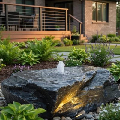 Welsh Slate Solar Water Feature – dark natural slate with water cascading over stone in courtyard