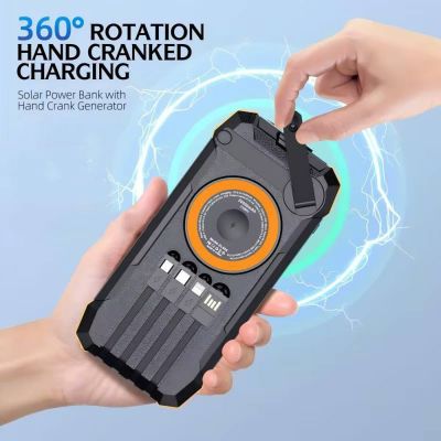 Solar & Hand Crank Power Bank- 2000mAh Waterproof Portable Charger showing the 360 degree rotation Hand crank system 