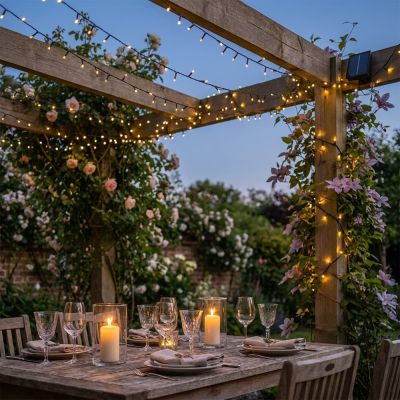Solar Fairy Lights Draped Across A Wooden Pergola At Dusk With Warm White LEDs Glowing Over An Outdoor Dining Table In An English Garden