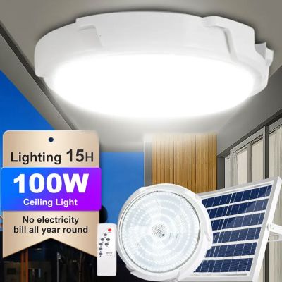 Outdoor & Indoor 100W Solar Light – bright LED panel with remote control mounted on shed ceiling