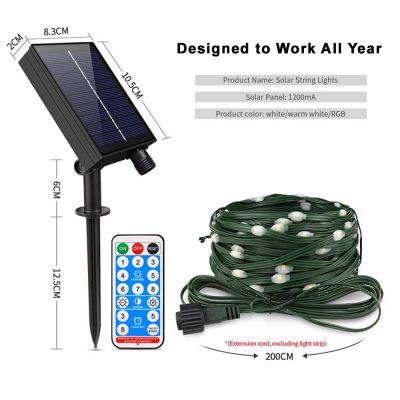 Powerbee Endurance Solar Bead Lights 100 Showing the Dimensions of the solar panel the remote control and the detachable string