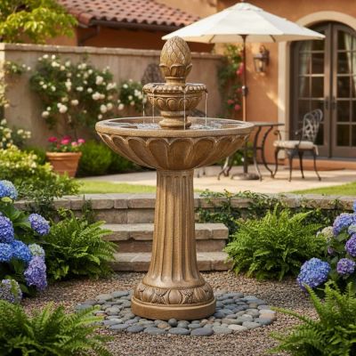 Queensbury 3-Tier Solar Fountain – Weathered Stone Garden Feature – Lifestyle 2