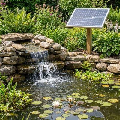 Powerful Solar Cascade Pump Creating A Waterfall Over Natural Rocks In A Large Garden Pond With Lush Green Surroundings