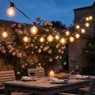 Warm White Festoon String Lights With Round Edison Bulbs Hung Across A Garden Patio At Dusk Above An Outdoor Dining Table
