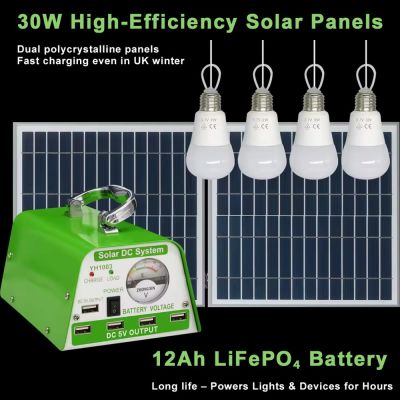 Hub Pro 12Ah Solar Lighting Kit – 30W panel with multiple LED lamps for off-grid shed lighting