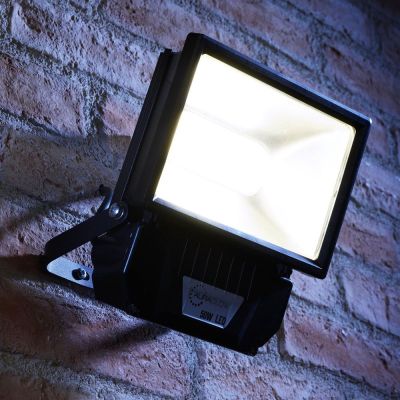 led flood light mounted on wall at night switched on