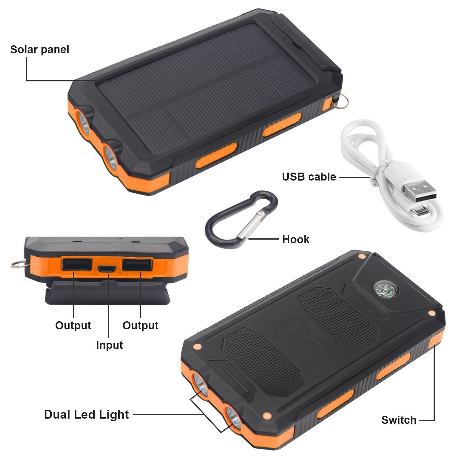 Solar Phone Charger PowerBee ® Elite plus cable, ports & clip