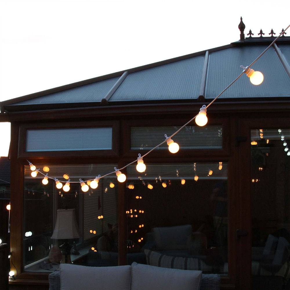 Outdoor Festoon Lighting Connectable Warm White Frosted Bulbs on White Cable