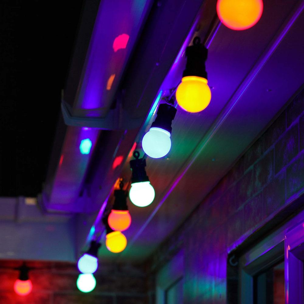Outdoor Festoon Lights Connectable multi colour version installed on a house fascia