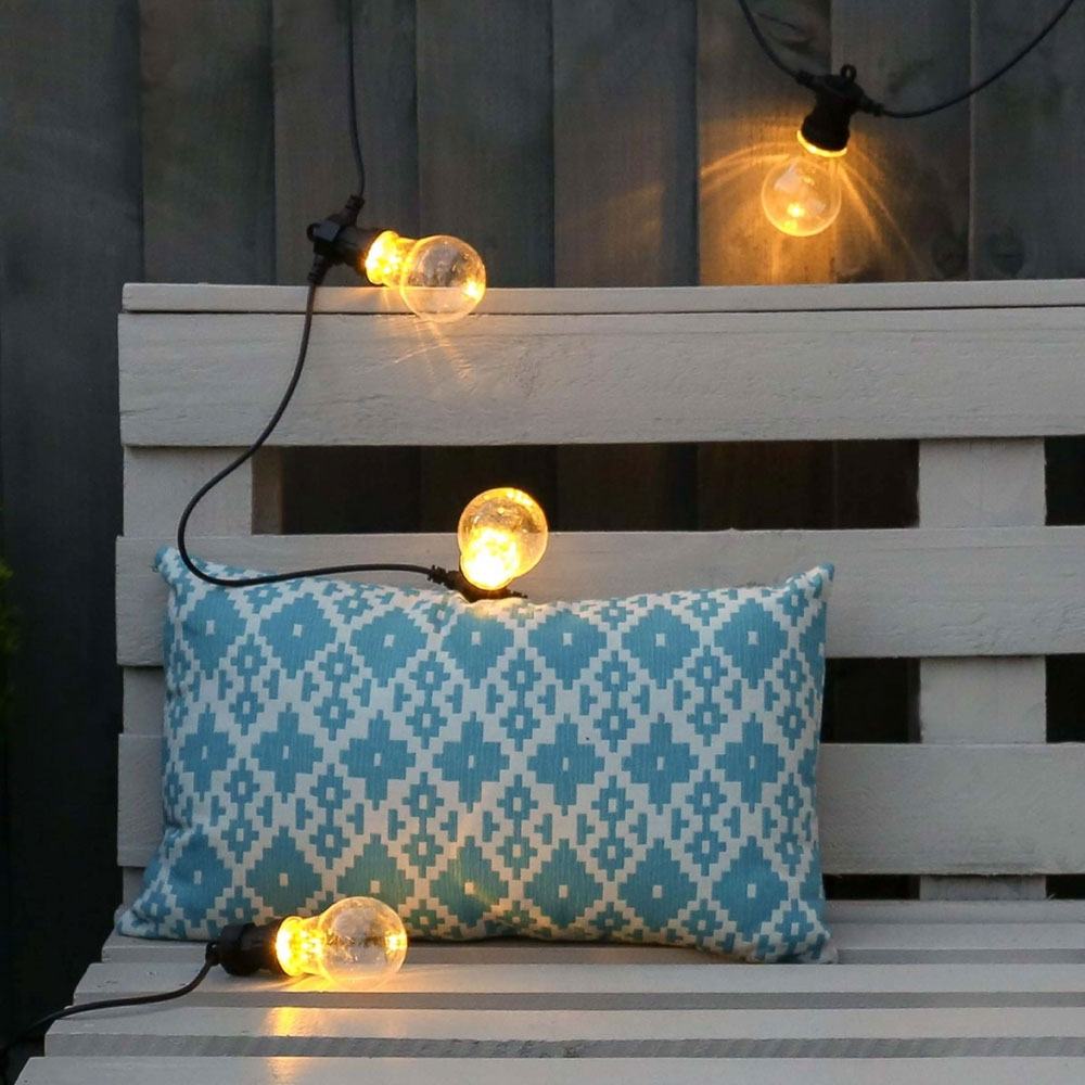 Outdoor Festoon Lights Large Traditional Bulbs close up on bench