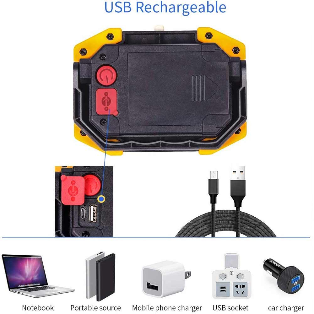 Portable Floodlights showing charging options via USB