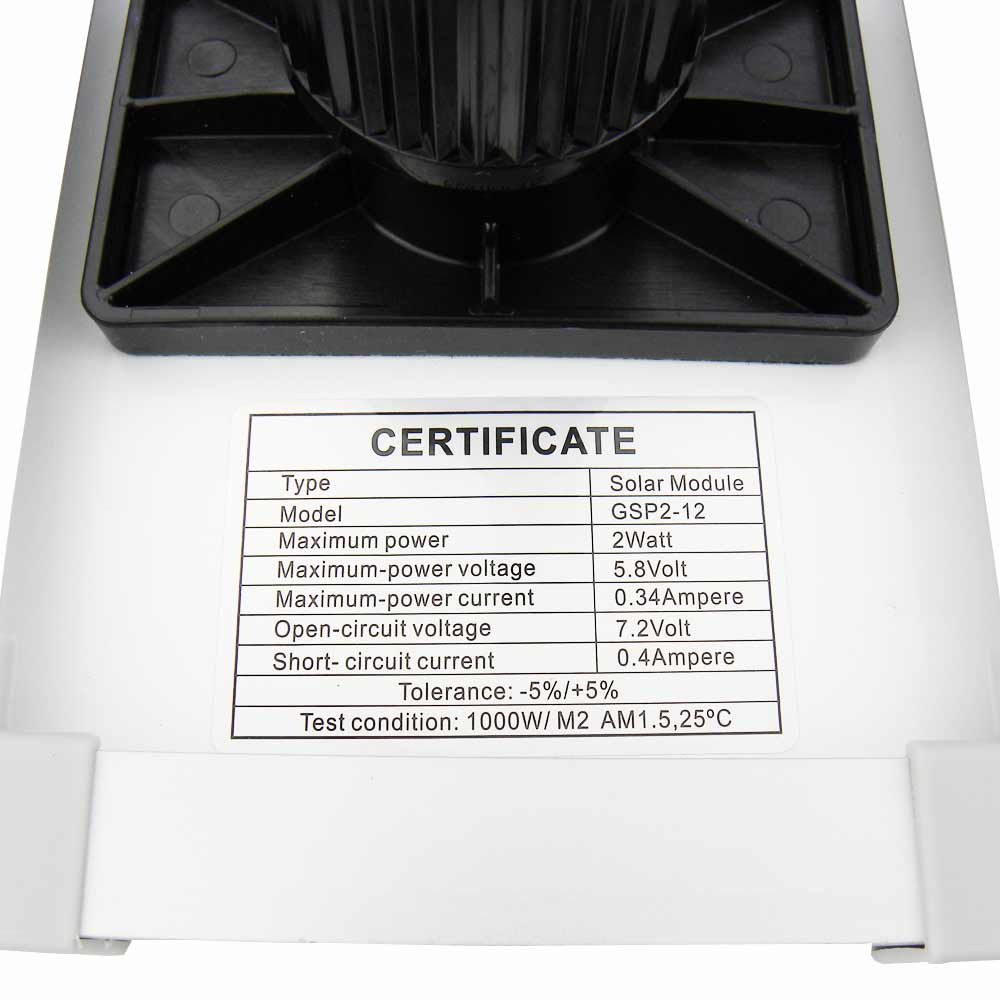 Small Solar Pond Fountain showing test certificate