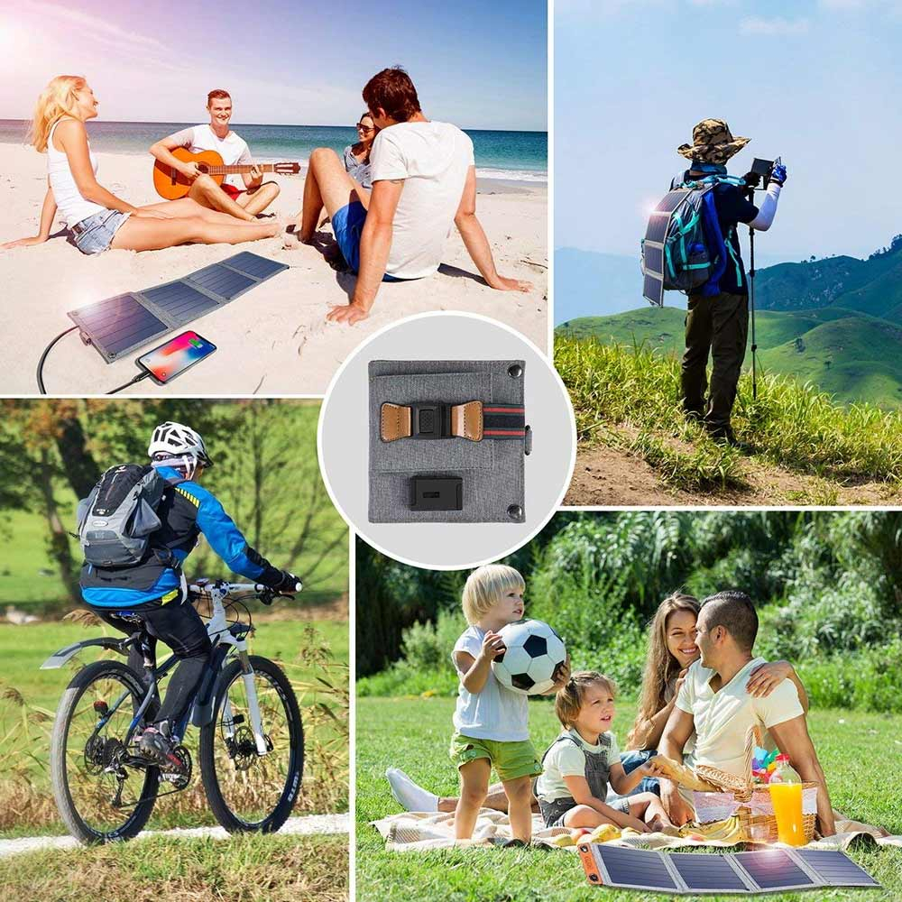 Solar Charger 14w Portable Solar Panel showing uses camping, fishing etc