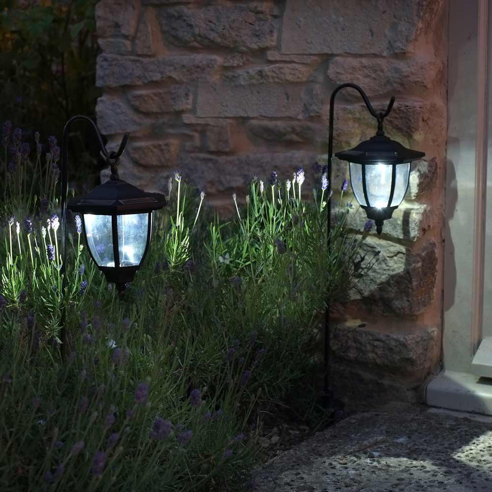 Solar Coach Lantern in garden border by door at night