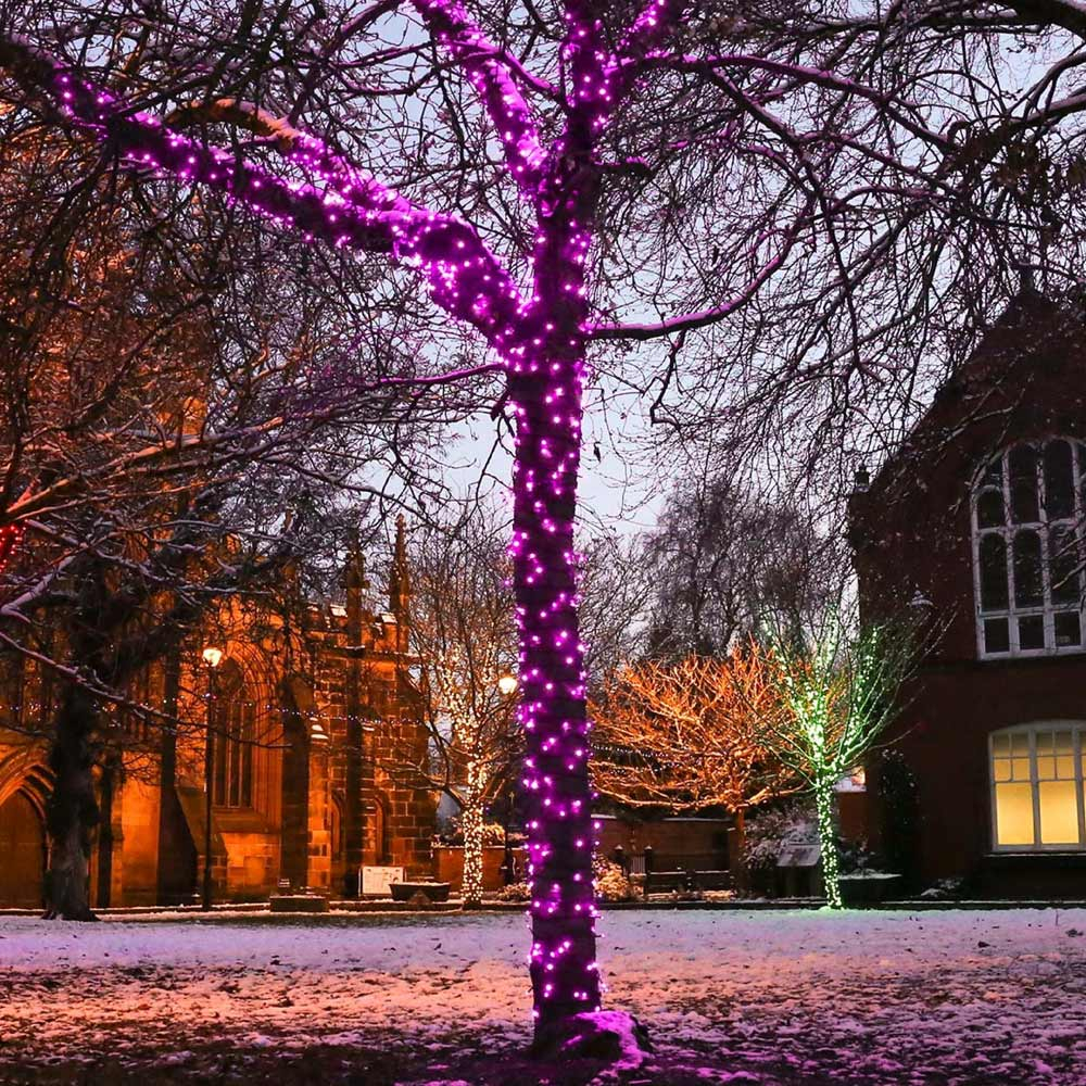 Solar Fairy lights Connectable pink option on garden tree