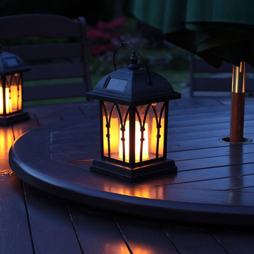 Black Solar Candle Lantern 27cm : on table