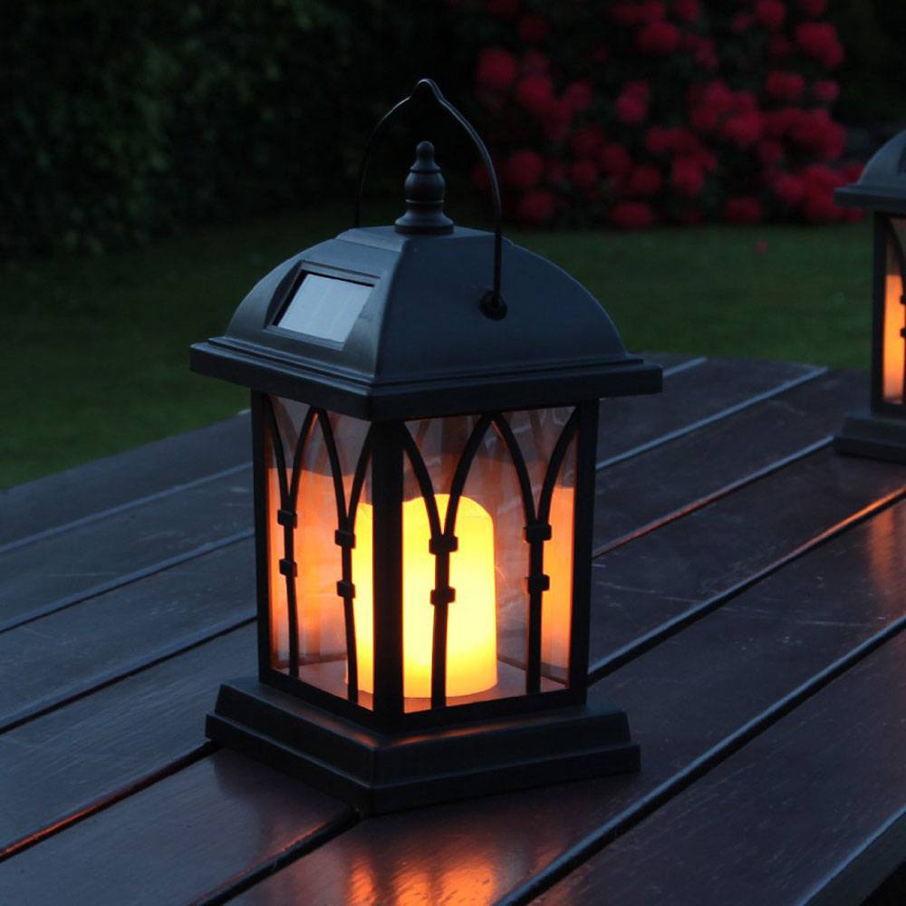 Black Solar Candle Lantern 27cm : on table
