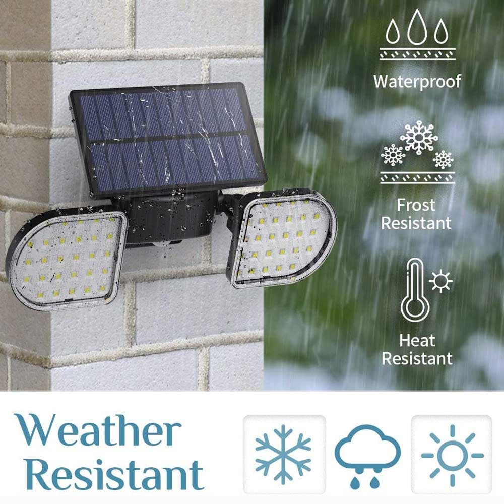 Solar Pir Security Light showing heat, frost, and rain resistance