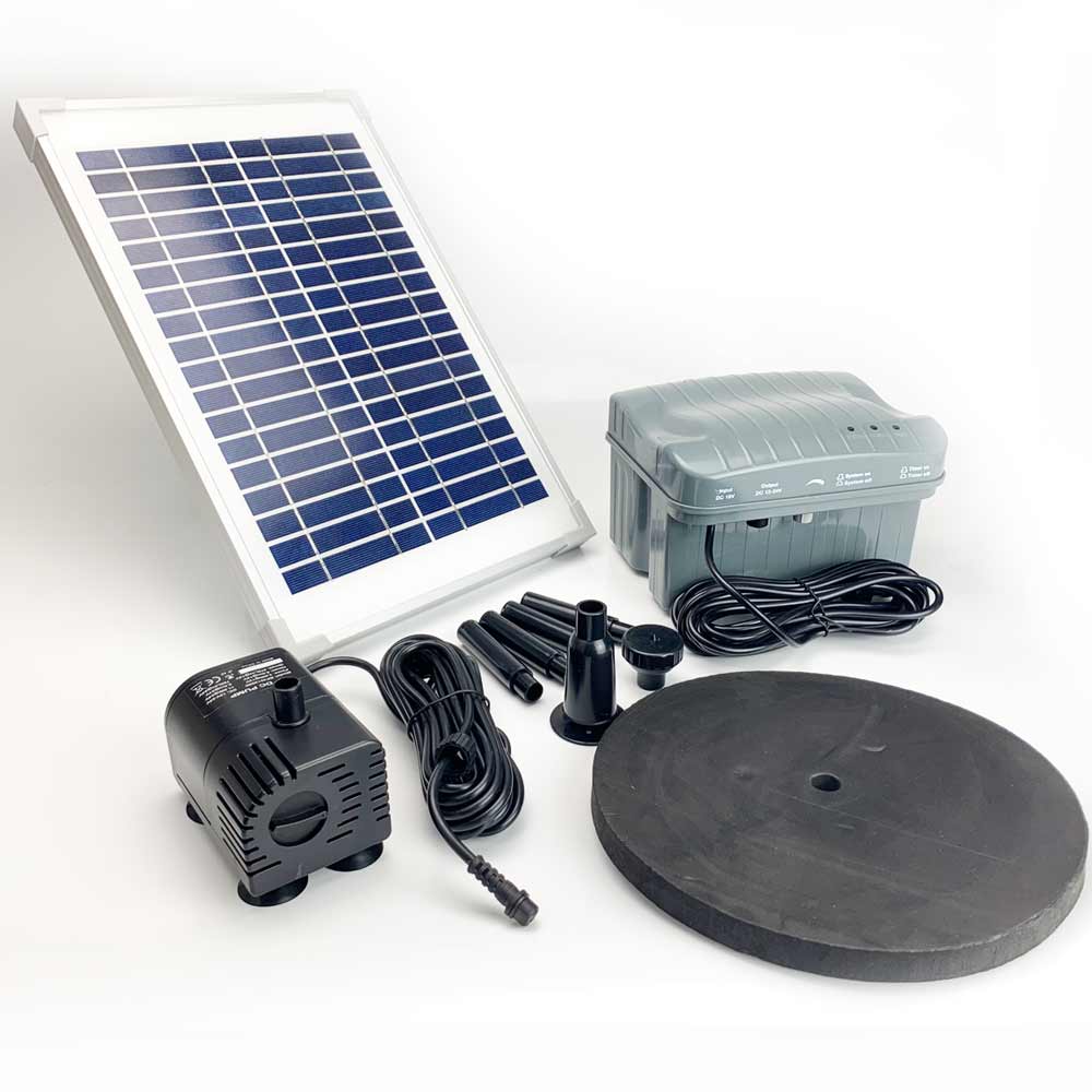 Solar Pond Filter for Small Fish Ponds showing full solar pump kit