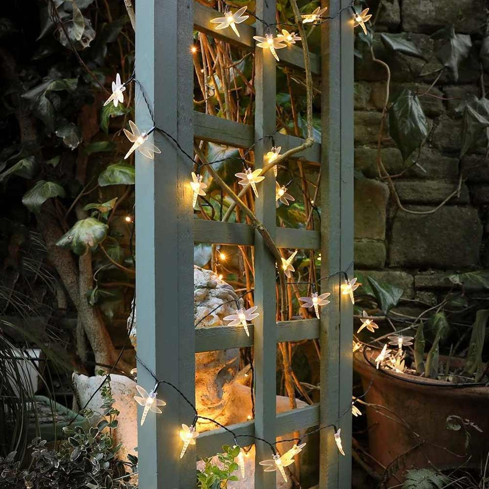 Solar Powered Multi Function Dragonfly Fairy Lights on trellis in garden