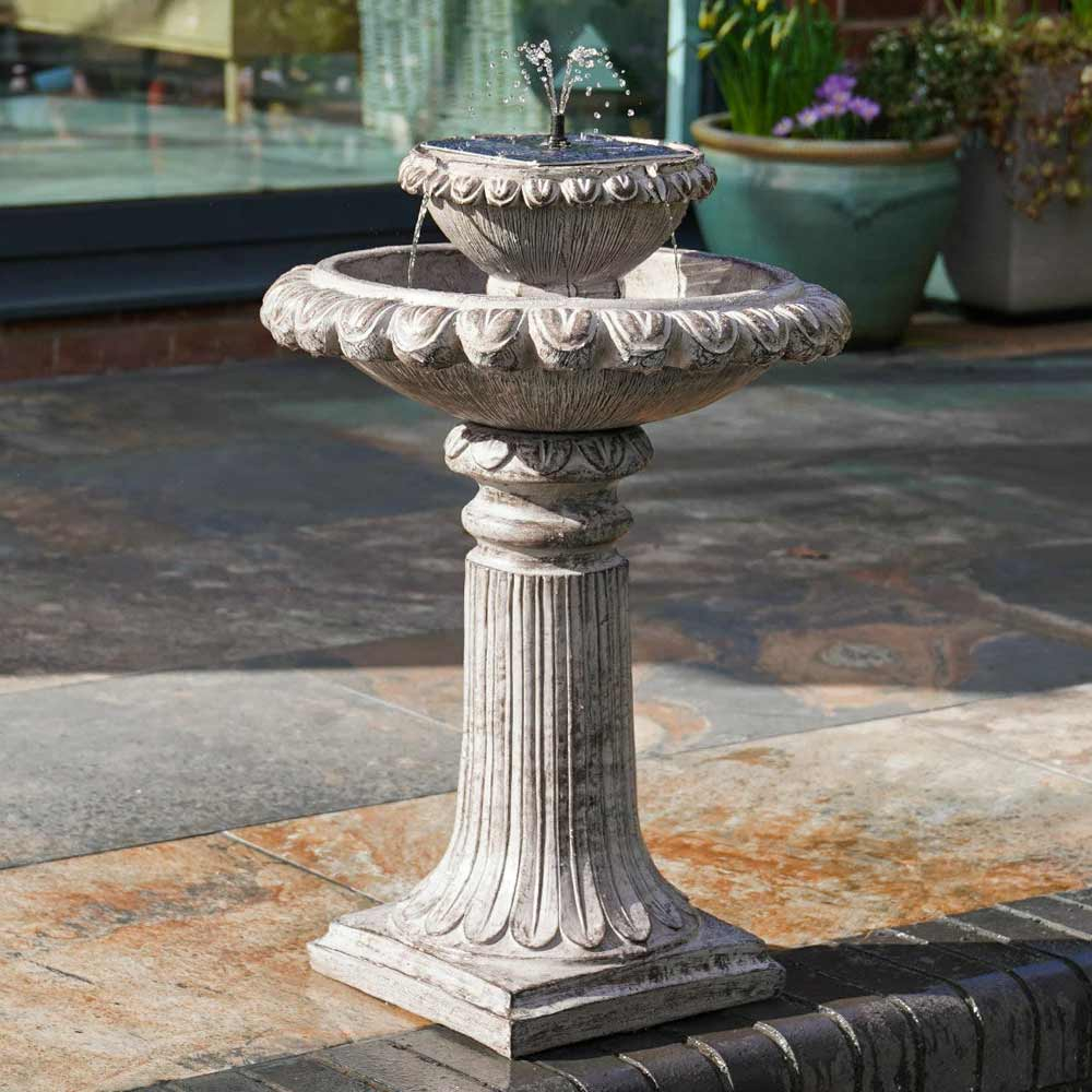 Solar Powered Victoriana 2 Tiered LED Water Feature on patio in garden