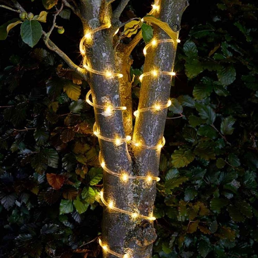 Solar Rope Lights 100 Led Warm White on tree