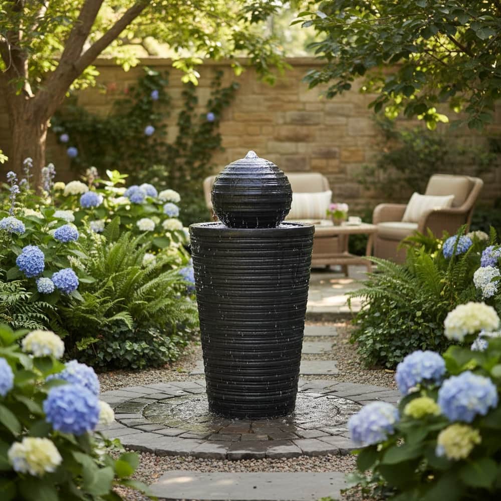Plinth & Ball Solar Water Feature – LED, Battery Backup