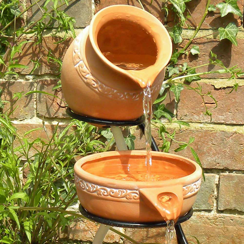 Terracotta Cascade Solar Water Feature close up of top two bowls
