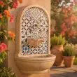 Solar Aragon Wall Water Feature Fountain also showing remote solar panel 